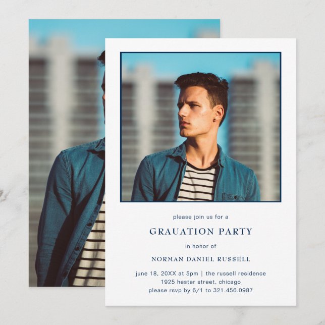 Invitación Partido moderno de graduación de fotografía azul d (Anverso / Reverso)