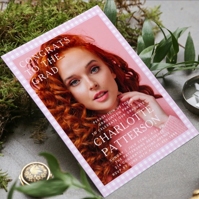 Invitación Partido moderno de graduación de fotos de Gingham  (Subido por el creador)