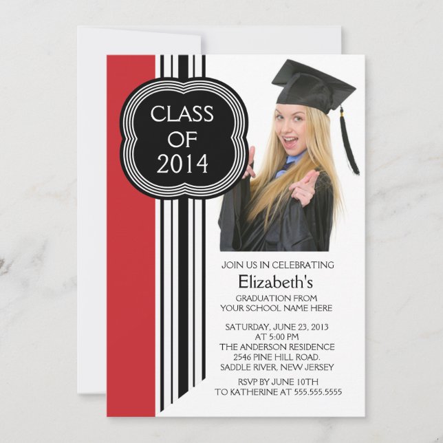 Invitación Partido moderno de graduación de fotos rojas (Anverso)