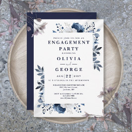 Invitación Partido Navy Blue Elegant Floral Engagement
