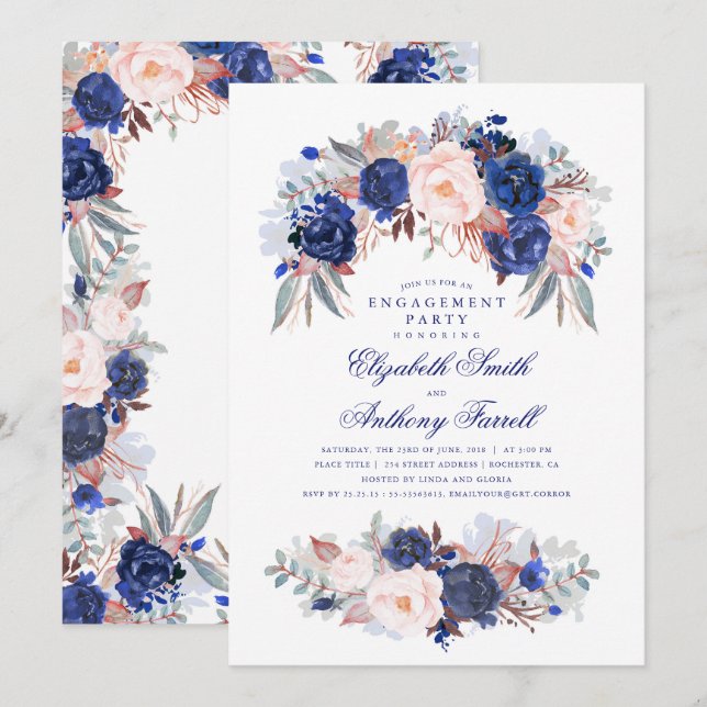 Invitación Partido Navy Floral Elegante y Moderno de Particip (Anverso / Reverso)