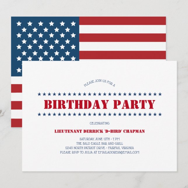 Invitación Partido Patriótico de Cumpleaños de Estados Unidos (Anverso / Reverso)