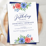 Invitación Partido Patriótico Floral Rojo Blanco Azul<br><div class="desc">Estas elegantes y modernas invitaciones patrióticas de cumpleaños cuentan con hermosas flores acuáticas en tonos rojos, blancos y azules, lo que las convierte en la elección perfecta para el cumpleaños del 4 de julio o cumpleaños militar. El diseño es a la vez patriótico y floral, logrando un perfecto equilibrio entre...</div>