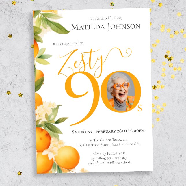 Invitación Partido por el cumpleaños 90 de Zesty Naranja Phot (Mockup View)
