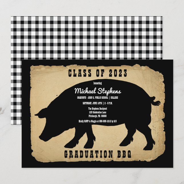 Invitación Partido Rústico de Graduación de Hog Country - BBQ (Anverso / Reverso)