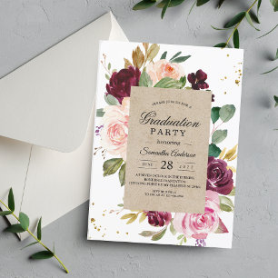 Invitación Partido Rústico de Graduación de Kraft y Burgundy 