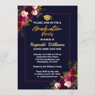 Invitación Partido Rústico de Graduación Floral de Borgoña