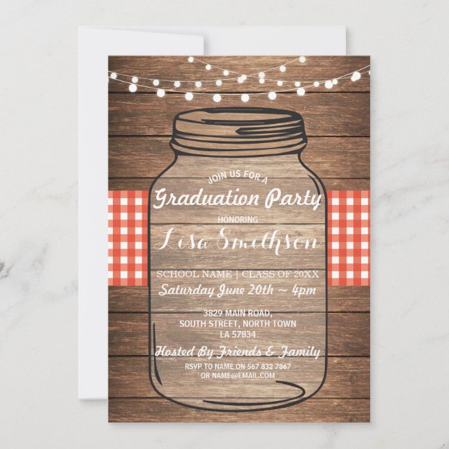 Invitación Partido Rústico de Graduación Jar Wood Red Gingham (Anverso)