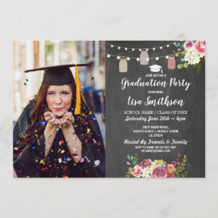 Invitación Partido Rústico de Graduación Jars Chalk Flowers F