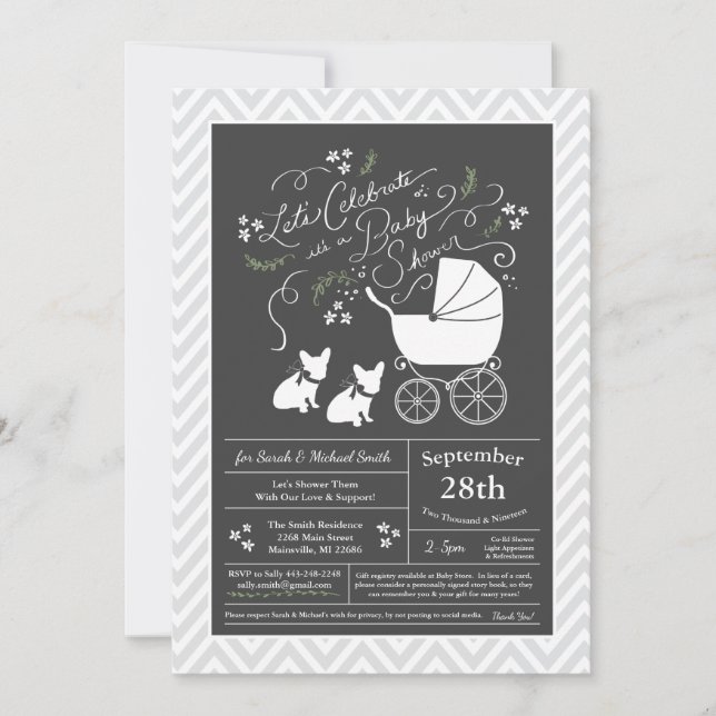 Invitación Partido temático francés del Bulldog - Baby Shower (Anverso)