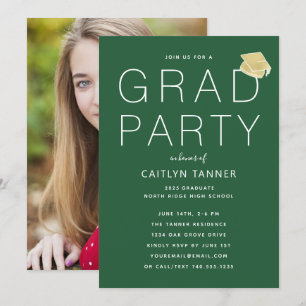 Invitación Partido Verde Moderno de Graduación de Fotos Senci