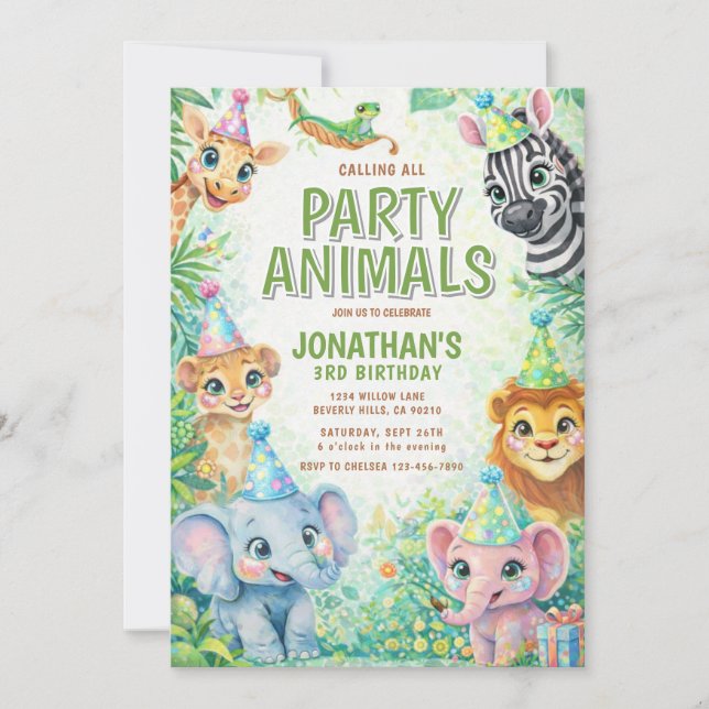 Invitación Party Animals Birthday Invitation | Safari Animal  (Anverso)
