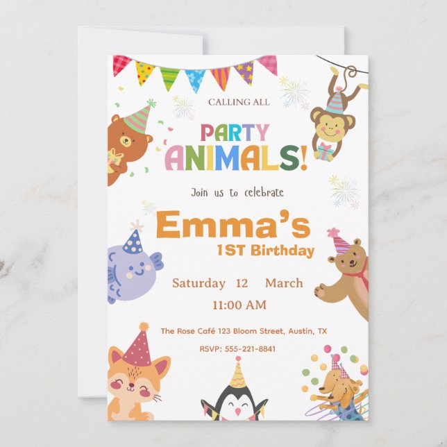 Invitación Party Animals First Birthday Invitation  (Anverso)