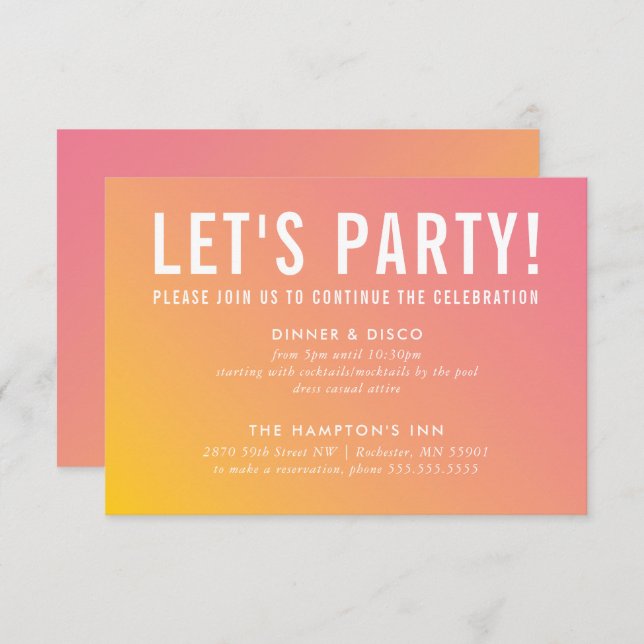 Invitación PARTY CELEBRATION CARD modern pink yellow gradient (Anverso / Reverso)