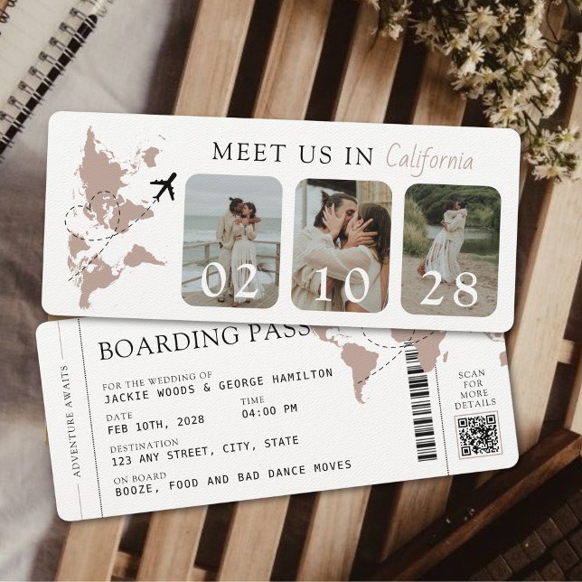 Invitación Pasado de abordaje Beige Neutral 3 Fotos Boda (Boarding Pass Unique Wedding Invitation with 3 Photos Meet us In Destination Passport Travel Beige)