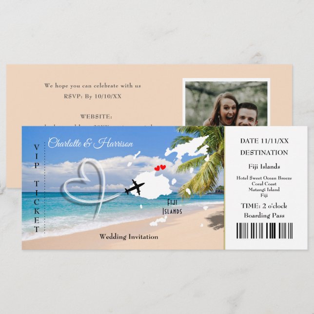 Invitación Pasado de boleto de boda de destino de Fiyi (Anverso / Reverso)