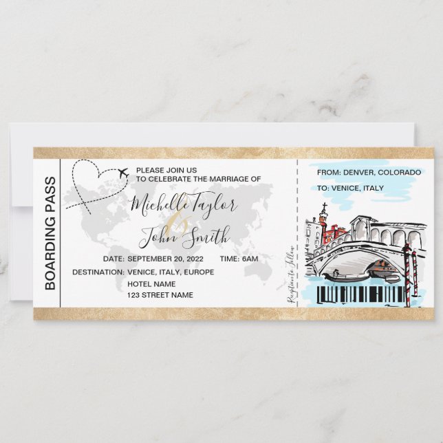 Invitación Pasado de embarque de boda de destino Venecia Ital (Anverso)