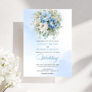Invitación Pasado Romántico Azul Pastel Peonía Eucalipto Boda