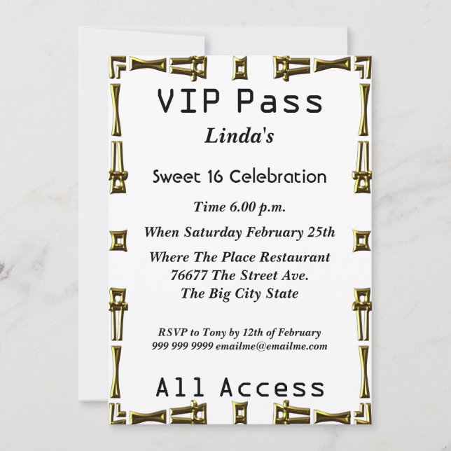 Invitación Pasado VIP Dulce 16 Fiesta de Cumpleaños Blanco (Anverso)
