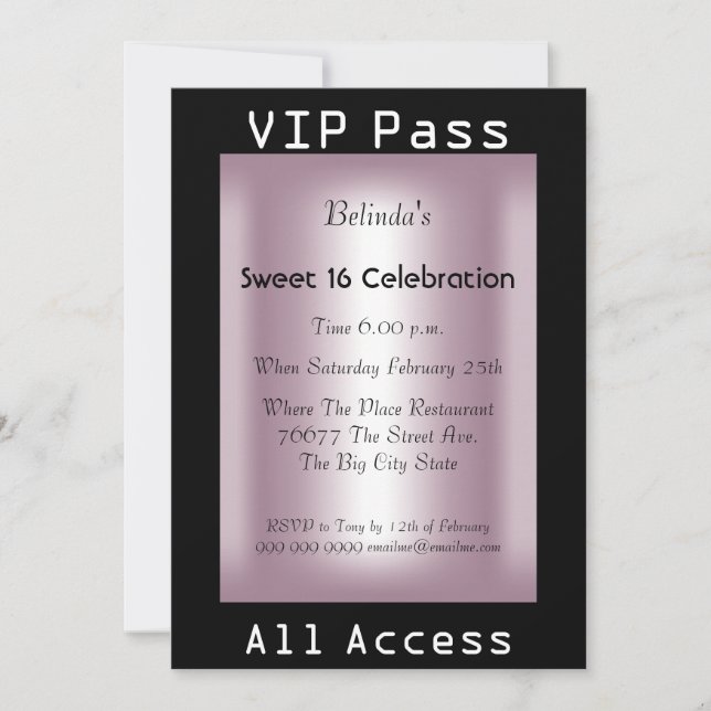 Invitación Pasado VIP Dulce 16 Fiesta de cumpleaños Rosa Negr (Anverso)