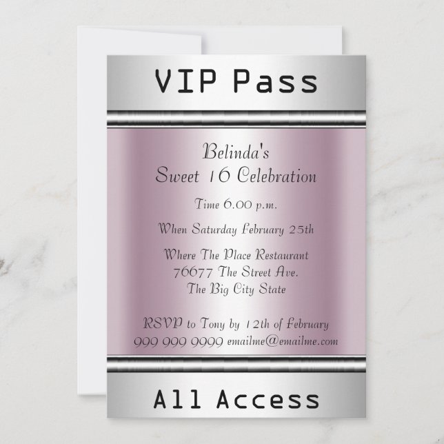 Invitación Pasado VIP Dulce 16 Partido de Cumpleaños Rosa Bla (Anverso)