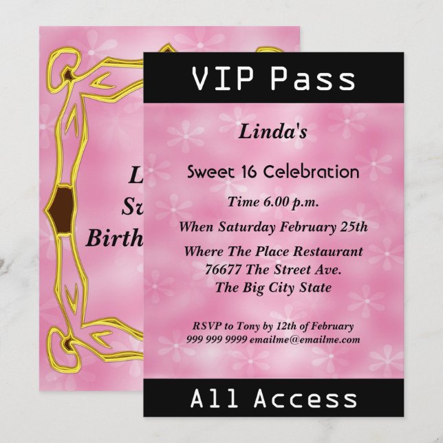 Invitación Pasado VIP Sweet 16 Birthday Party Pink (Anverso / Reverso)