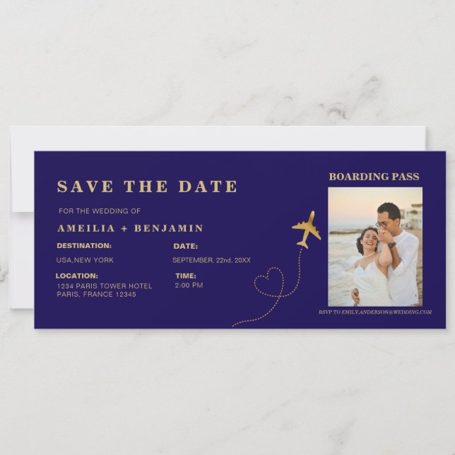 Invitación Pasaje de Abordaje - Reserva la Fecha | Boda de De (Anverso)
