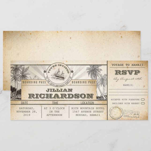Invitación pasaje de embarque de entradas de cumpleaños trave (Anverso / Reverso)