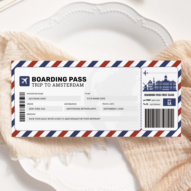 Invitación Pasaje de embarque de viaje en avión a Amsterdam (Subido por el creador)