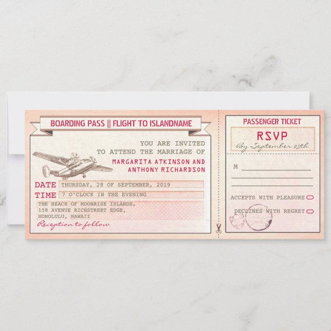 Invitación pasaje de embarque rosado para entradas de bodas v (Anverso)