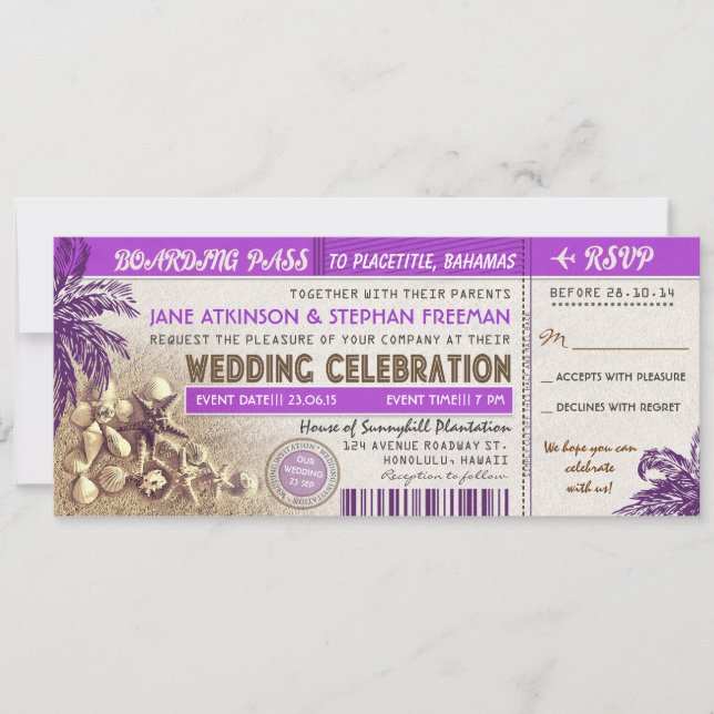 Invitación pasajes de boda morado (Anverso)