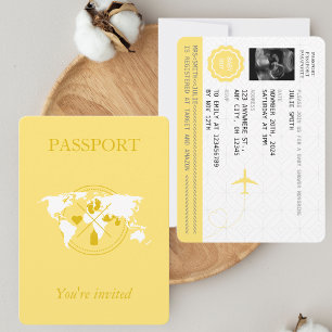 Invitación Pasaporte Amarillo Viaje Niño Shower Mapa Mundial 