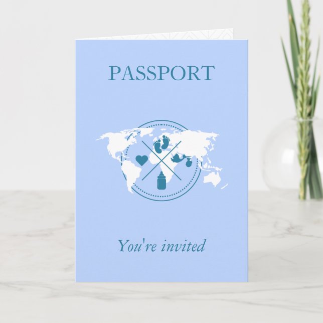 Invitación Pasaporte azul Viaje niño Baby Shower World Map (Anverso)