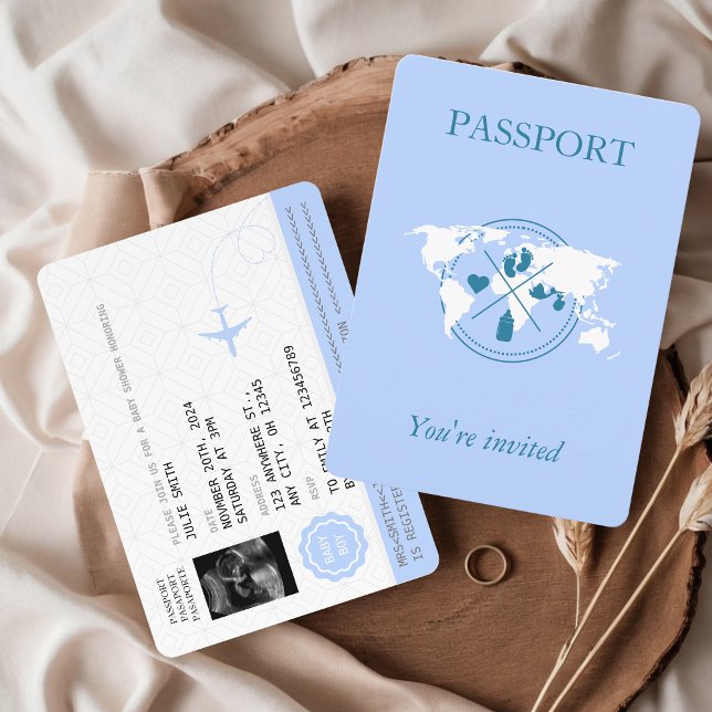 Invitación Pasaporte azul Viaje niño Baby Shower World Map (Passport Baby Shower Invitation Baby Boy Blue Ultrasound Photo Aesthetic Travel Adventure Beigins)