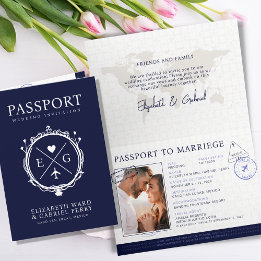 Invitación Pasaporte Boda azul de destino