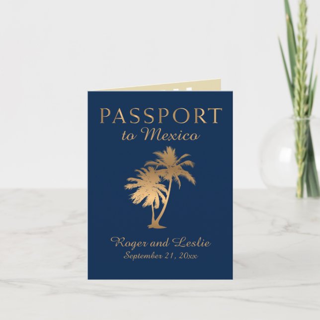 Invitación Pasaporte Boda Blue Faux Gold Puerto Vallarta (Anverso)