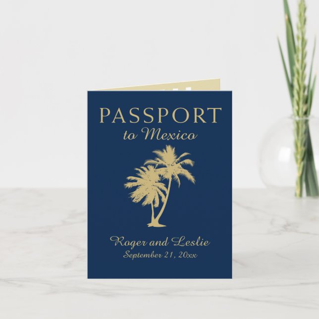 Invitación Pasaporte Boda Blue Gold Playa del Carmen México (Anverso)