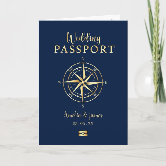 Invitación Pasaporte Boda de brújula de destino Faux gold (Anverso)