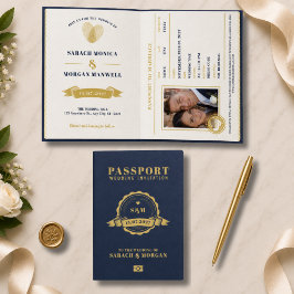 Invitación Pasaporte Boda de Destino Monograma Azul Marino