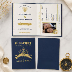 Invitación Pasaporte Boda de Destino Náutico Azul Marino