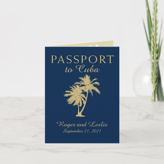 Invitación Pasaporte Boda de Navy Blue Gold Cuba (Anverso)