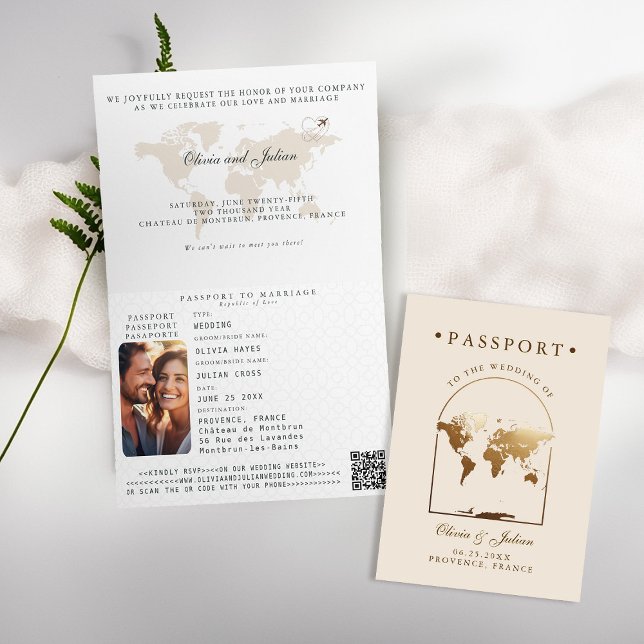 Invitación Pasaporte Boho Arco Beige Ecru Boda Destino (passport wedding invitation card destination getaway beige ecru faux gold map boho arch monograms)