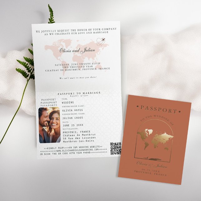 Invitación Pasaporte Boho Arco Terracota Boda de Destino (passport wedding invitation card destination getaway terracotta faux gold map boho arch monograms)