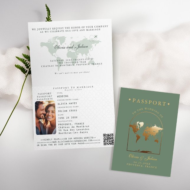 Invitación Pasaporte Boho Arco Verde Menta Boda de Destino (passport wedding invitation card destination getaway sage green faux gold map boho arch monograms)