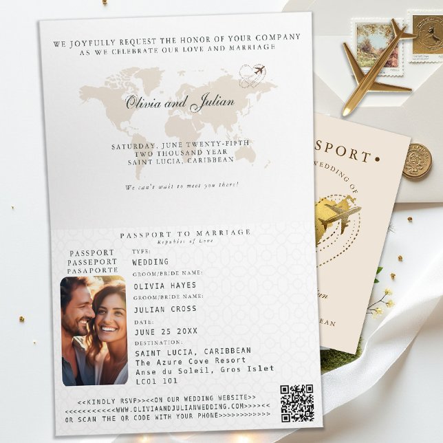 Invitación Pasaporte Caribeño Santa Lucía Boda de Destino (passport wedding invitation destination saint lucia carribean elegant calligraphy rsvp qr)