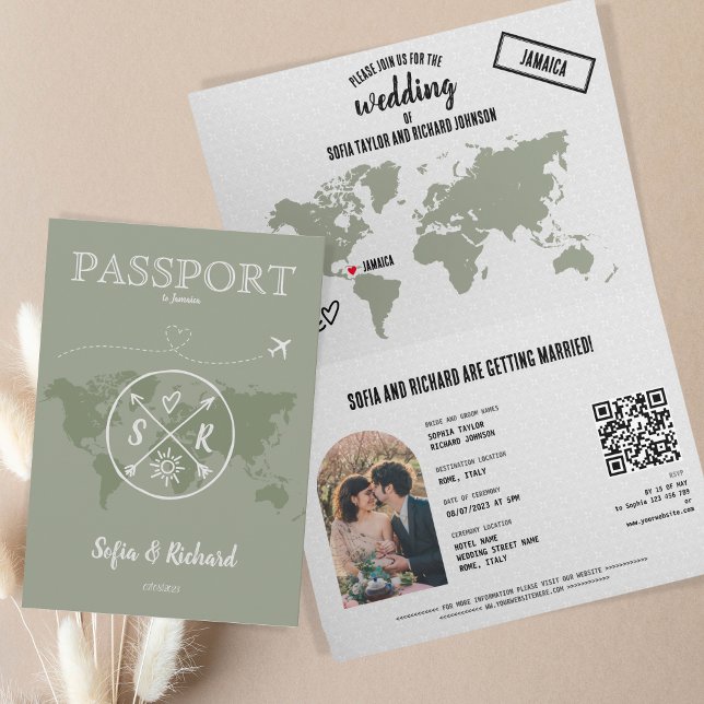Invitación Pasaporte de Boda Boho Verde Salvia Mapa Código QR (Subido por el creador)