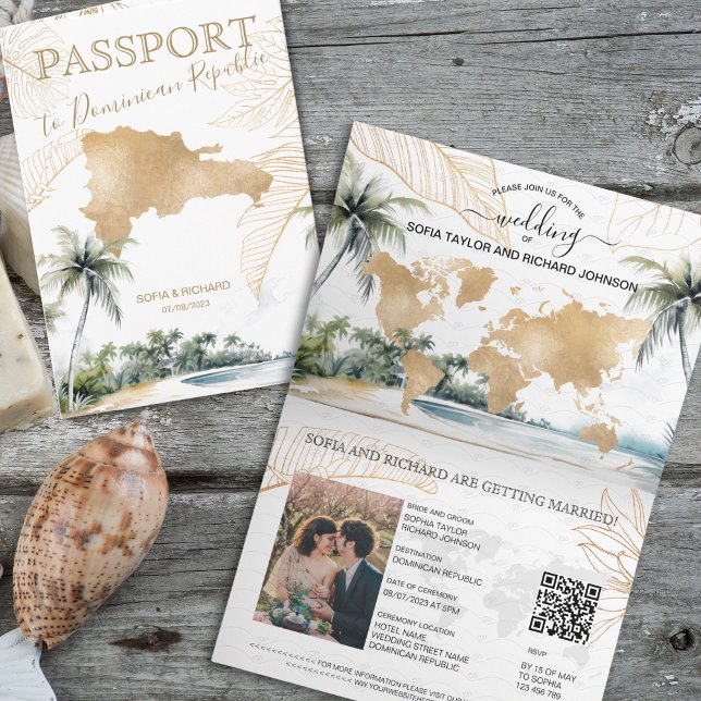 Invitación Pasaporte de boda de destino de República Dominica (dominican republic golden map and watercolor palm trees and beach passport wedding invitation)