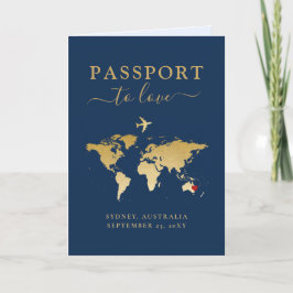 Invitación Pasaporte de Boda de Destino Mapa de Oro Azul + Co