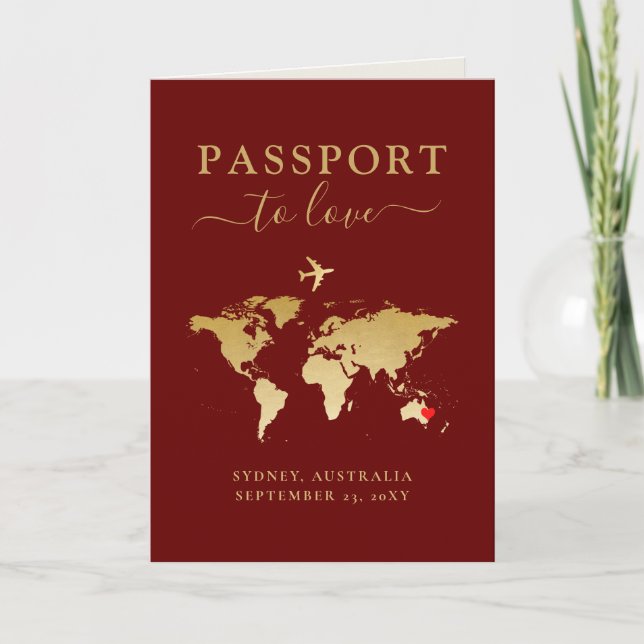 Invitación Pasaporte de Boda de Destino Mapa de Oro Rojo + Co (Anverso)