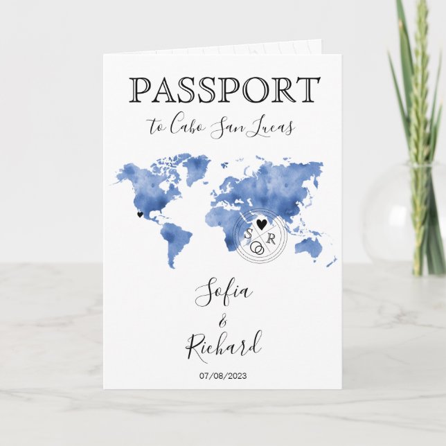 Invitación Pasaporte de Boda de Destino Mapa del Mundo Azul M (Anverso)